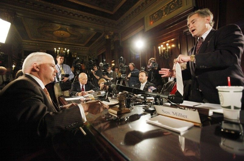 Conference committee Fitzgerald bangs the gavel while Barca protests